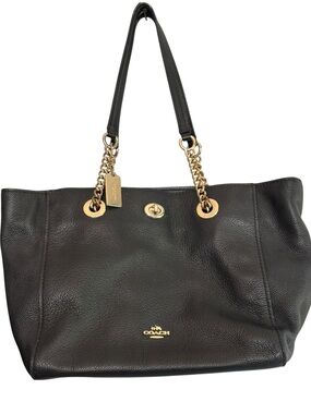 Coach Pebbled Leather Chain Strap Tote Bag Black Gold Turnlock Purse